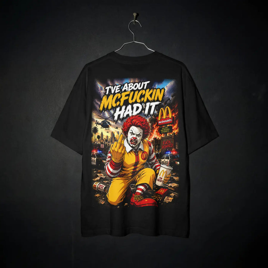 I’ve About Had It Tee – comic-style fast-food clown graphic tee, tee on a hanger against black