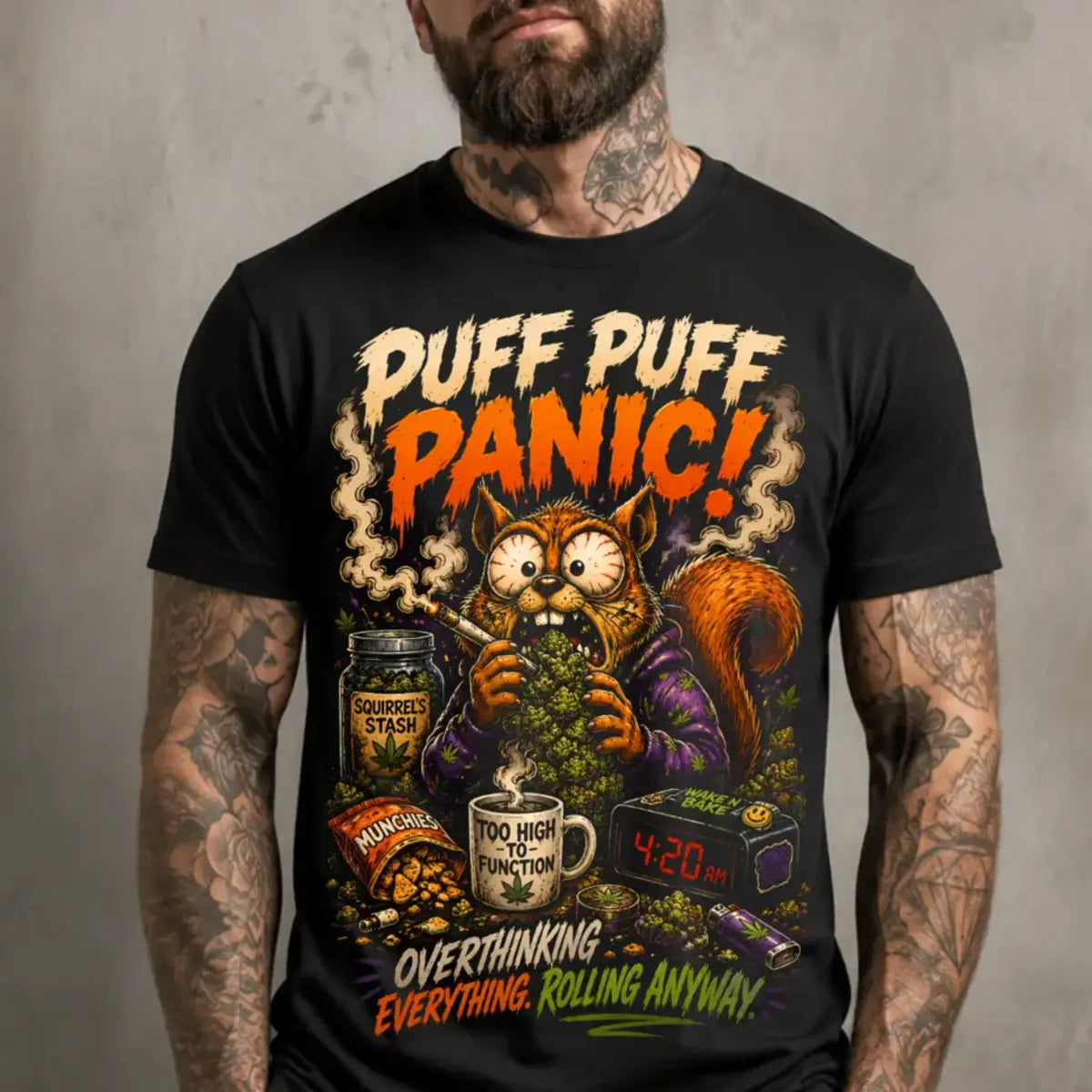 Puff Puff Panic Tee – chaotic orange squirrel graphic tee, print on model, front close-up