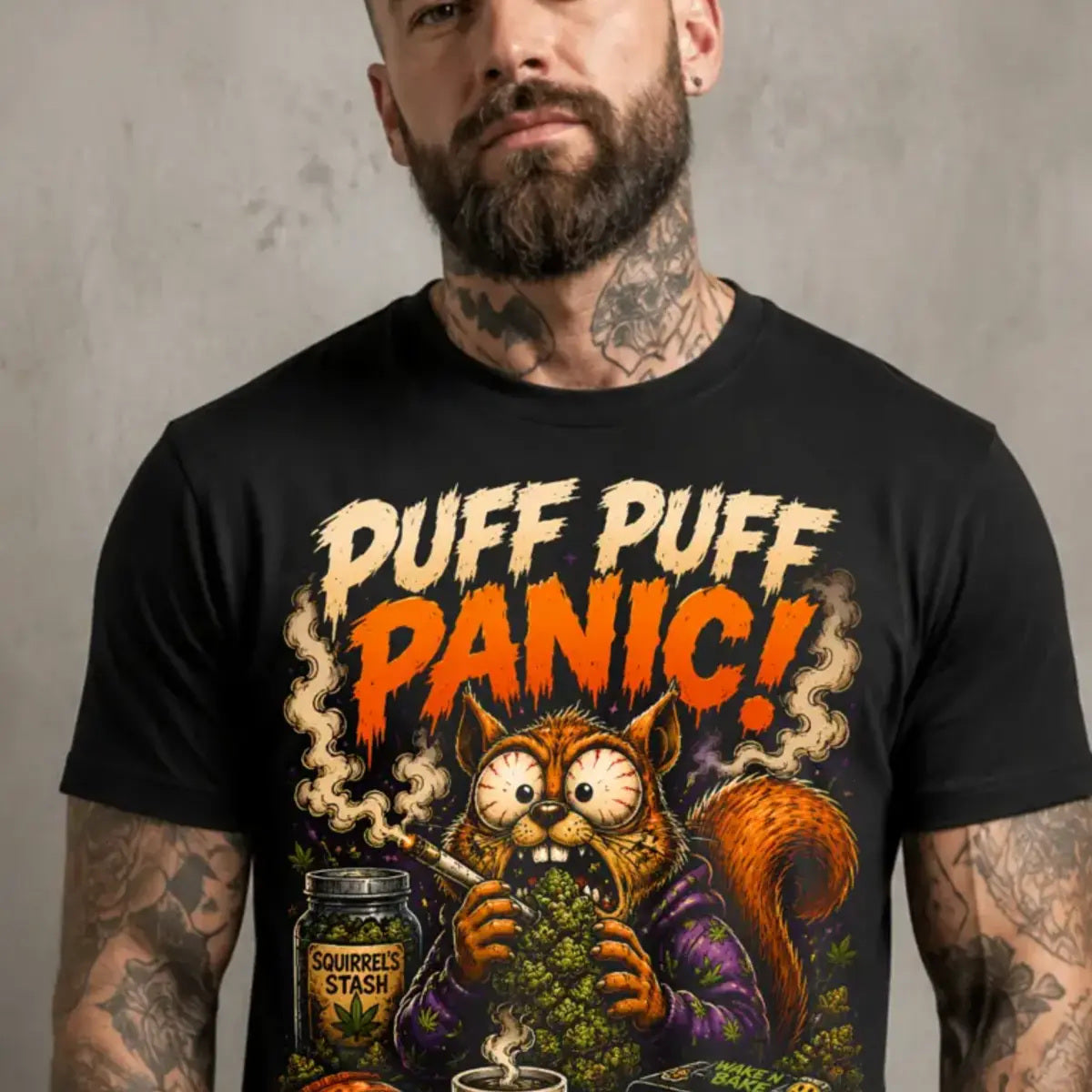 Puff Puff Panic Tee – chaotic orange squirrel graphic tee, print on model, angled view
