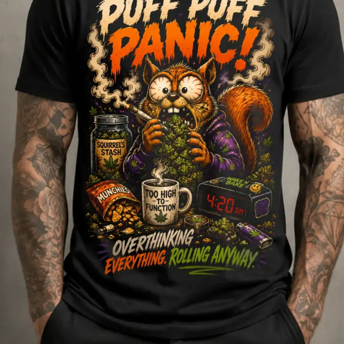 Puff Puff Panic Tee – chaotic orange squirrel graphic tee, lower print detail