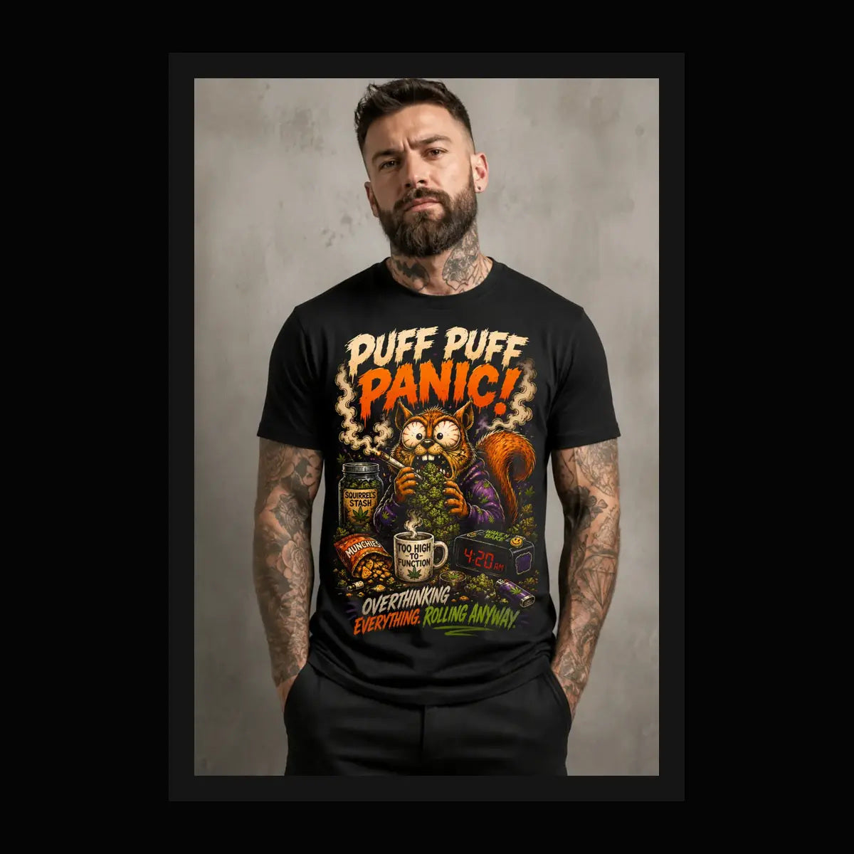 Puff Puff Panic Tee – chaotic orange squirrel graphic tee, framed lifestyle shot of model