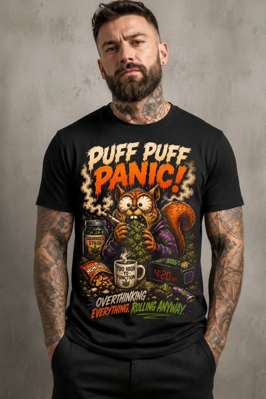 Puff Puff Panic Tee – chaotic orange squirrel graphic tee, worn by tattooed model on gray background