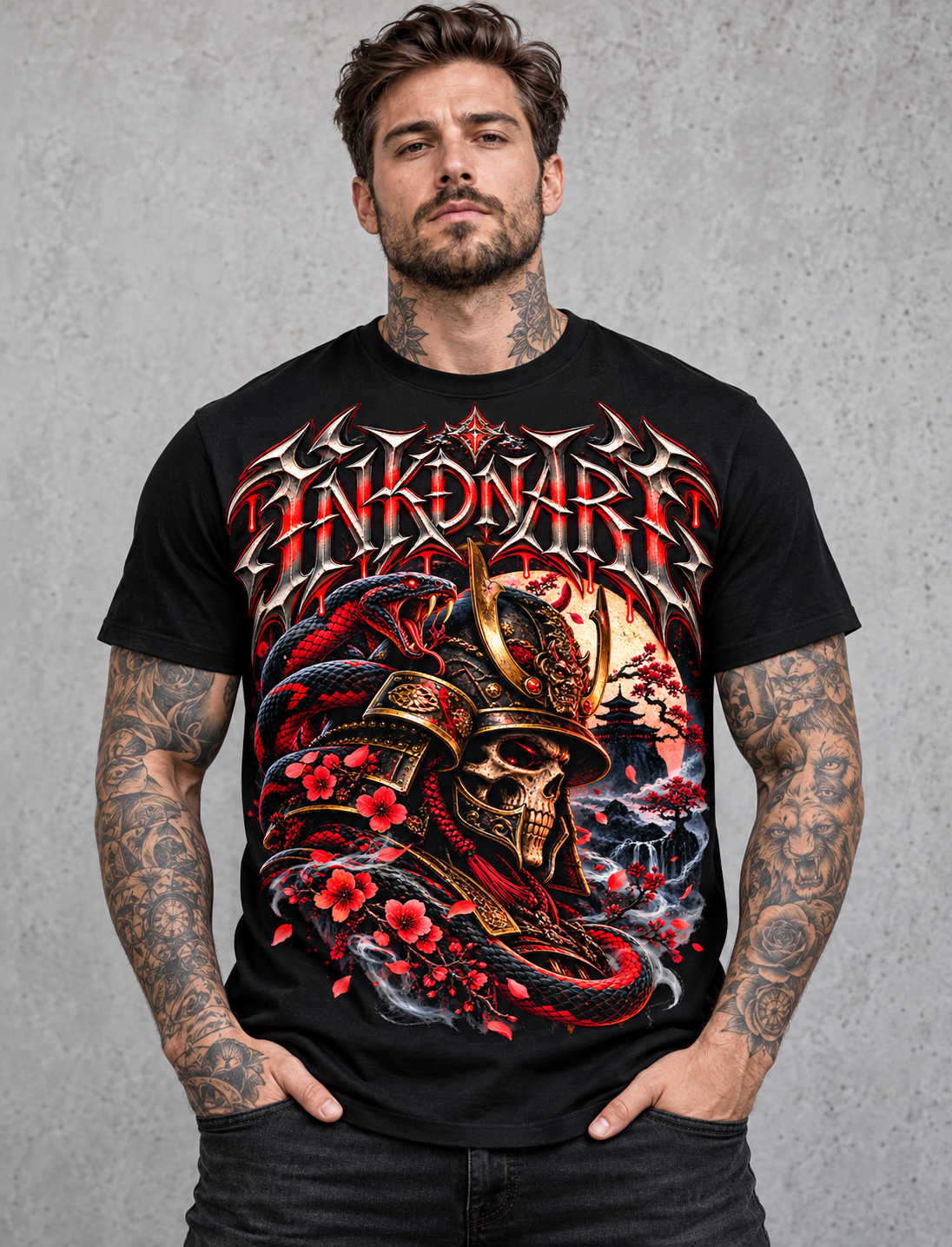 Red Samurai Tee – red samurai warrior graphic tee, product mockup on black tee
