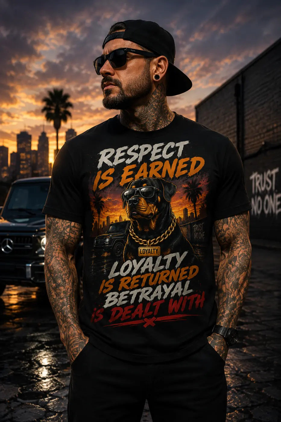 Respect Is Earned Tee – orange, red, and cream statement graphic tee, worn by model at sunset, print in focus