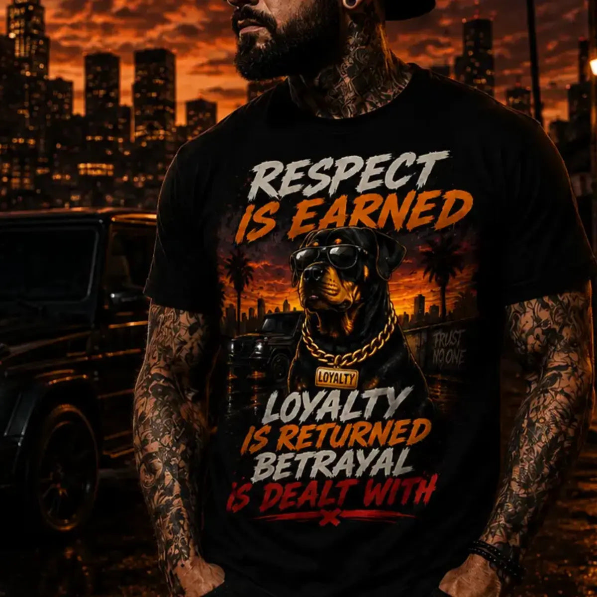 Respect Is Earned Tee – orange, red, and cream statement graphic tee, print close-up on model at night