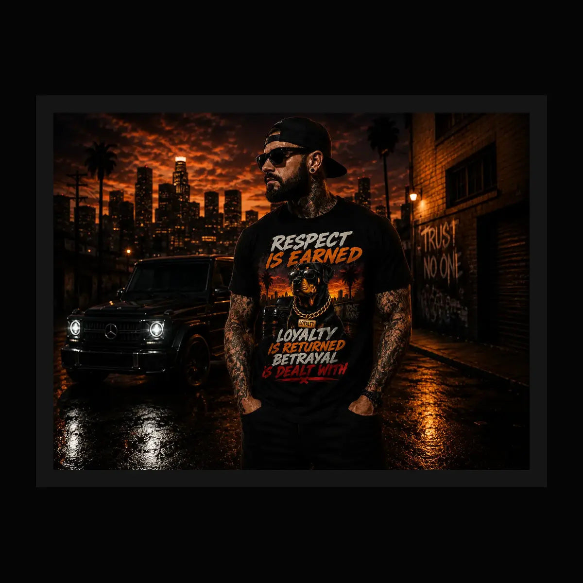 Respect Is Earned Tee – orange, red, and cream statement graphic tee, framed lifestyle shot at night