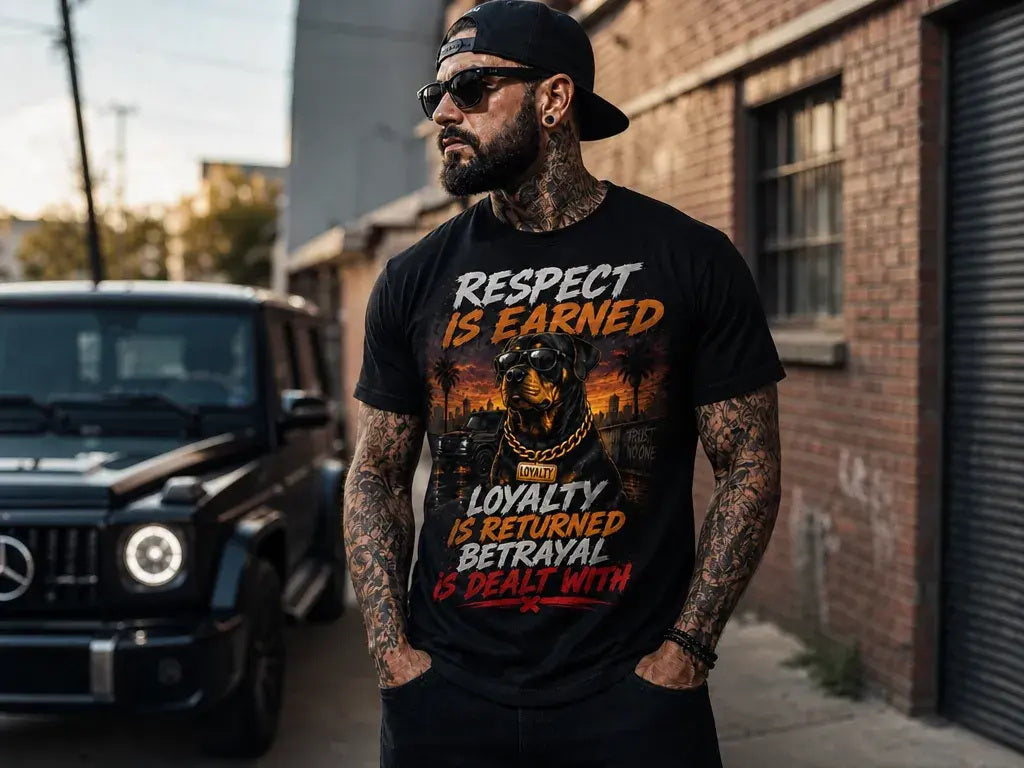 Respect Is Earned Tee – orange, red, and cream statement graphic tee, worn by model by a black SUV