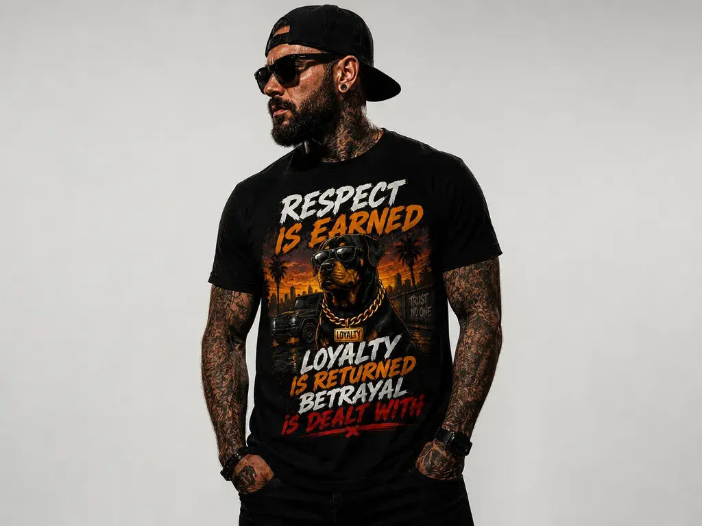 Respect Is Earned Tee – orange, red, and cream statement graphic tee, worn by model in a studio on white