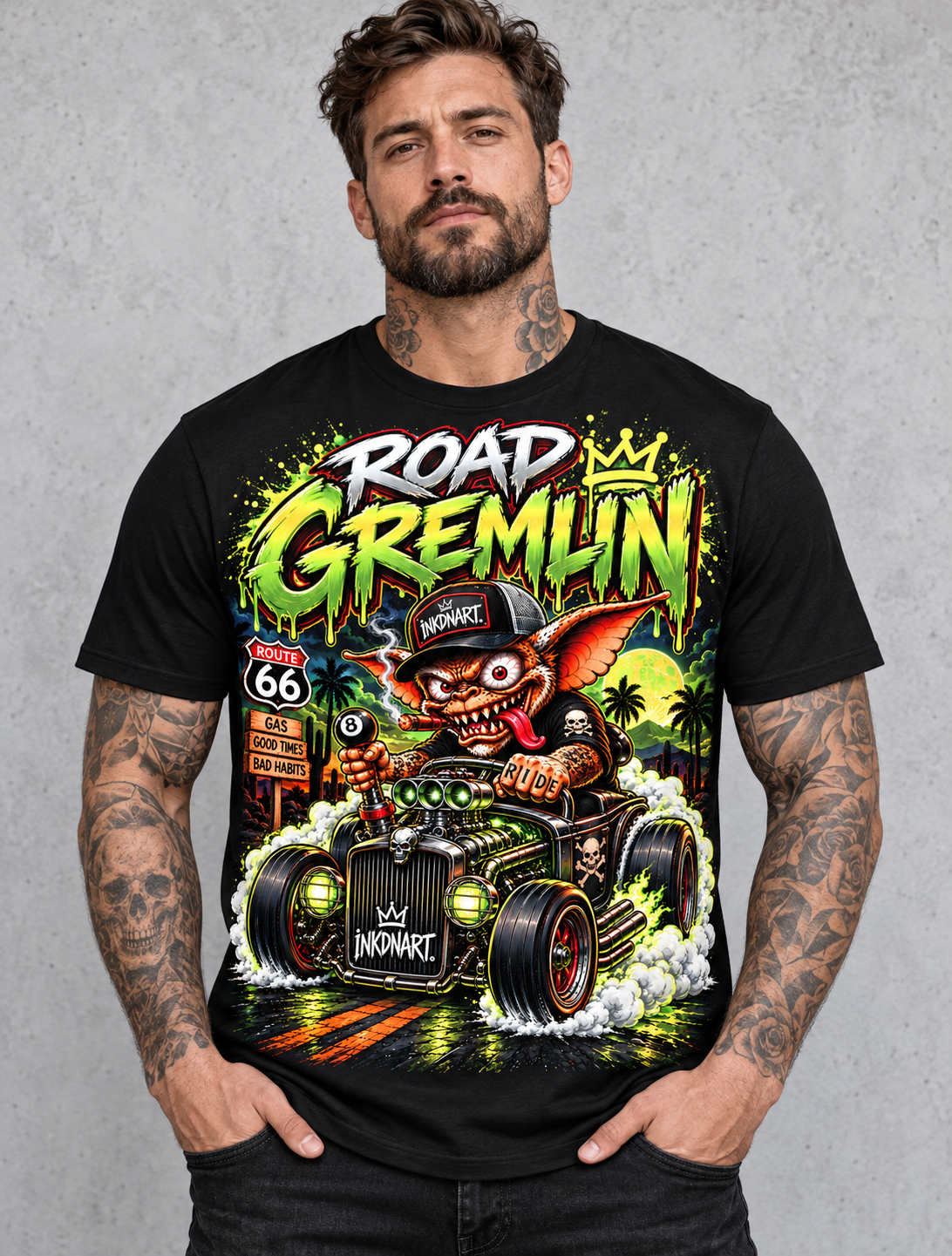 Road Gremlin Tee – hot rod gremlin rider graphic tee, product mockup on black tee
