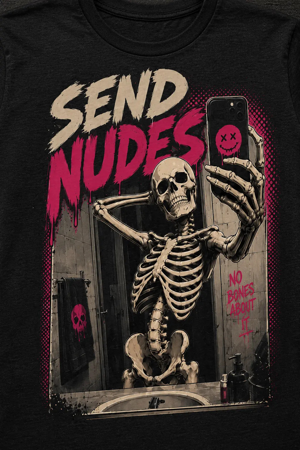 Send Nudes Tee – skeleton selfie graphic tee in bone and hot pink, print close-up on black