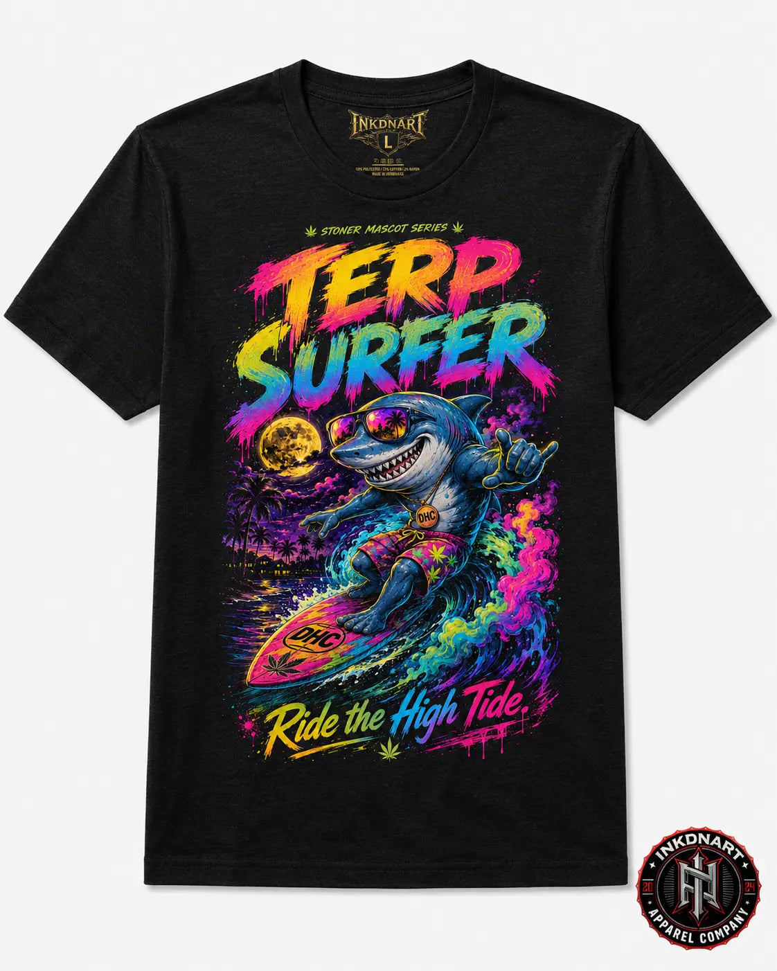 Terp Surfer Tee – psychedelic skull surfer graphic tee, front view on white background