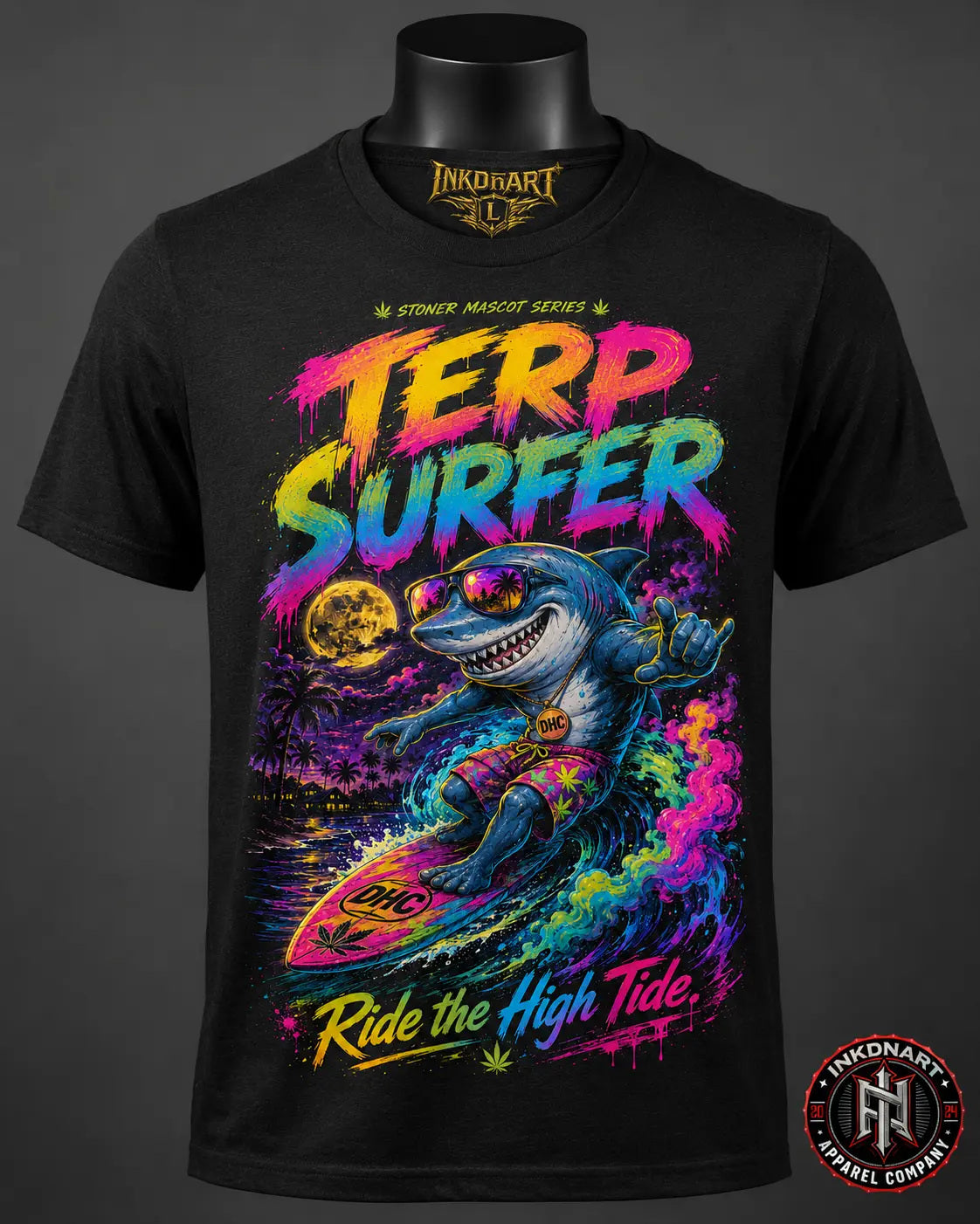 Terp Surfer Tee – psychedelic skull surfer graphic tee, front view on dark mannequin
