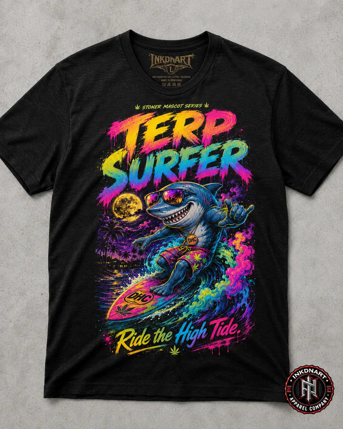 Terp Surfer Tee – psychedelic skull surfer graphic tee, front view on gray background
