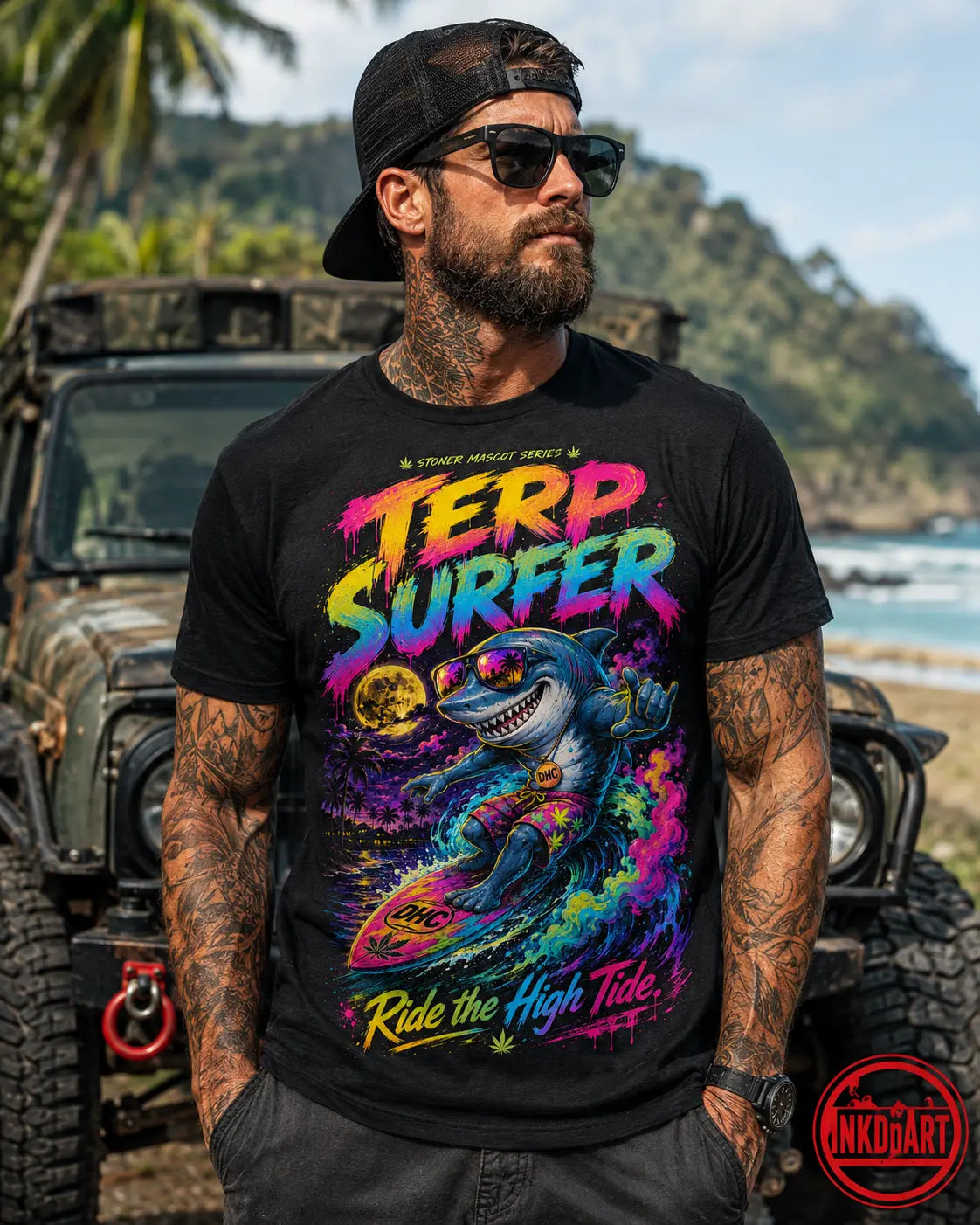 Terp Surfer Tee – psychedelic skull surfer graphic tee, worn by model by a jeep at the beach