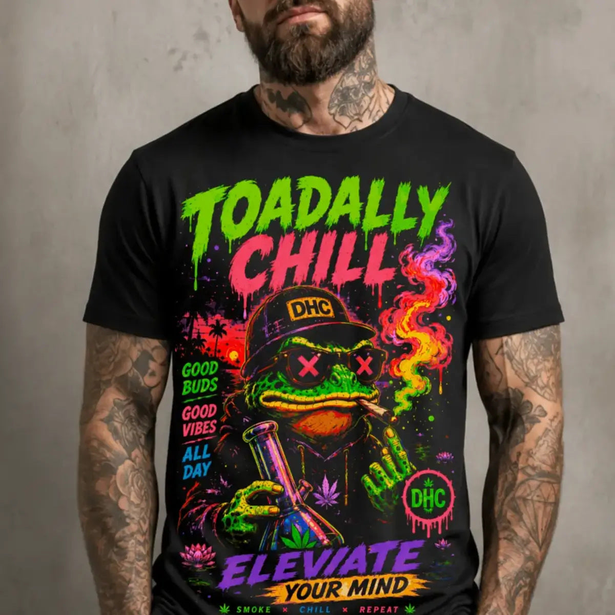 Toadally Chill Tee – neon green chill toad graphic tee, print on model, front close-up
