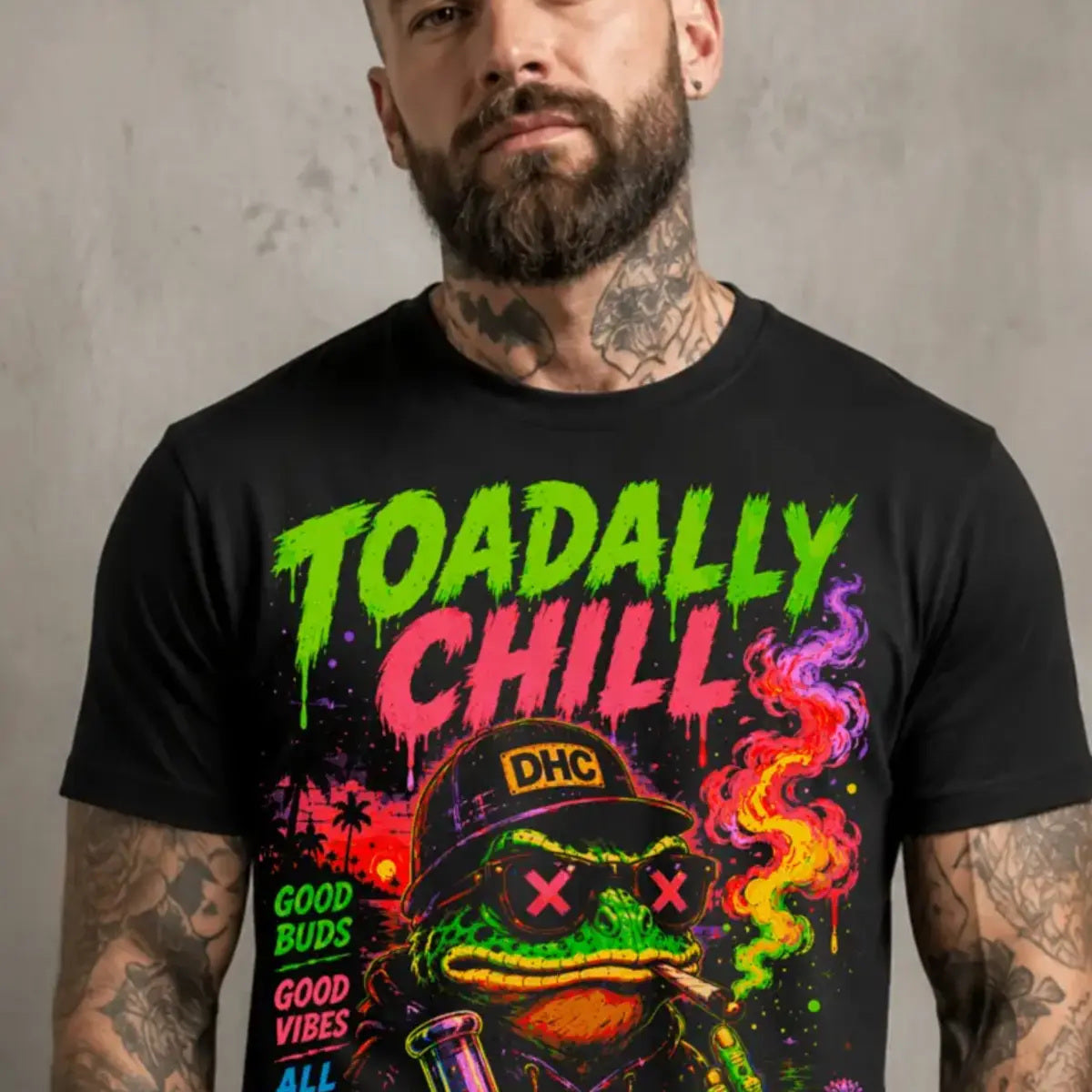 Toadally Chill Tee – neon green chill toad graphic tee, print on model, angled view