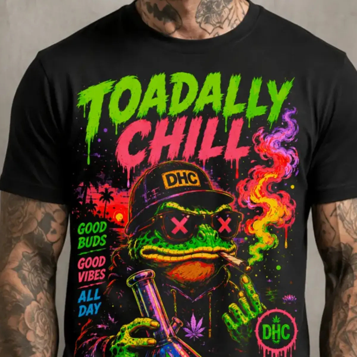 Toadally Chill Tee – neon green chill toad graphic tee, large print detail on chest