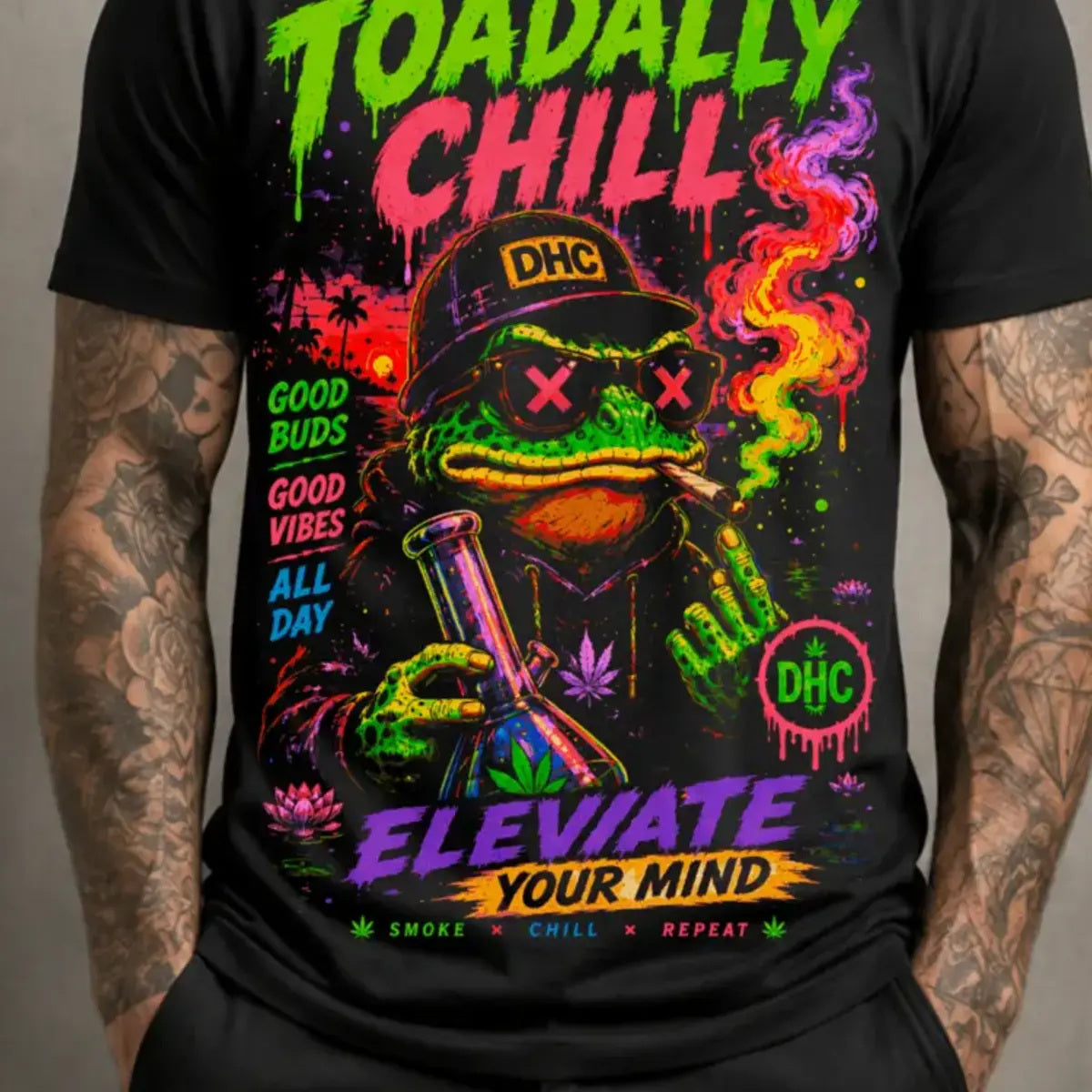 Toadally Chill Tee – neon green chill toad graphic tee, lower print detail