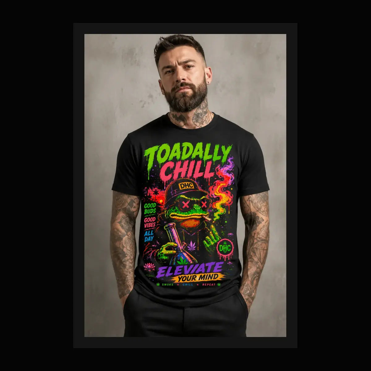 Toadally Chill Tee – neon green chill toad graphic tee, framed lifestyle shot of model