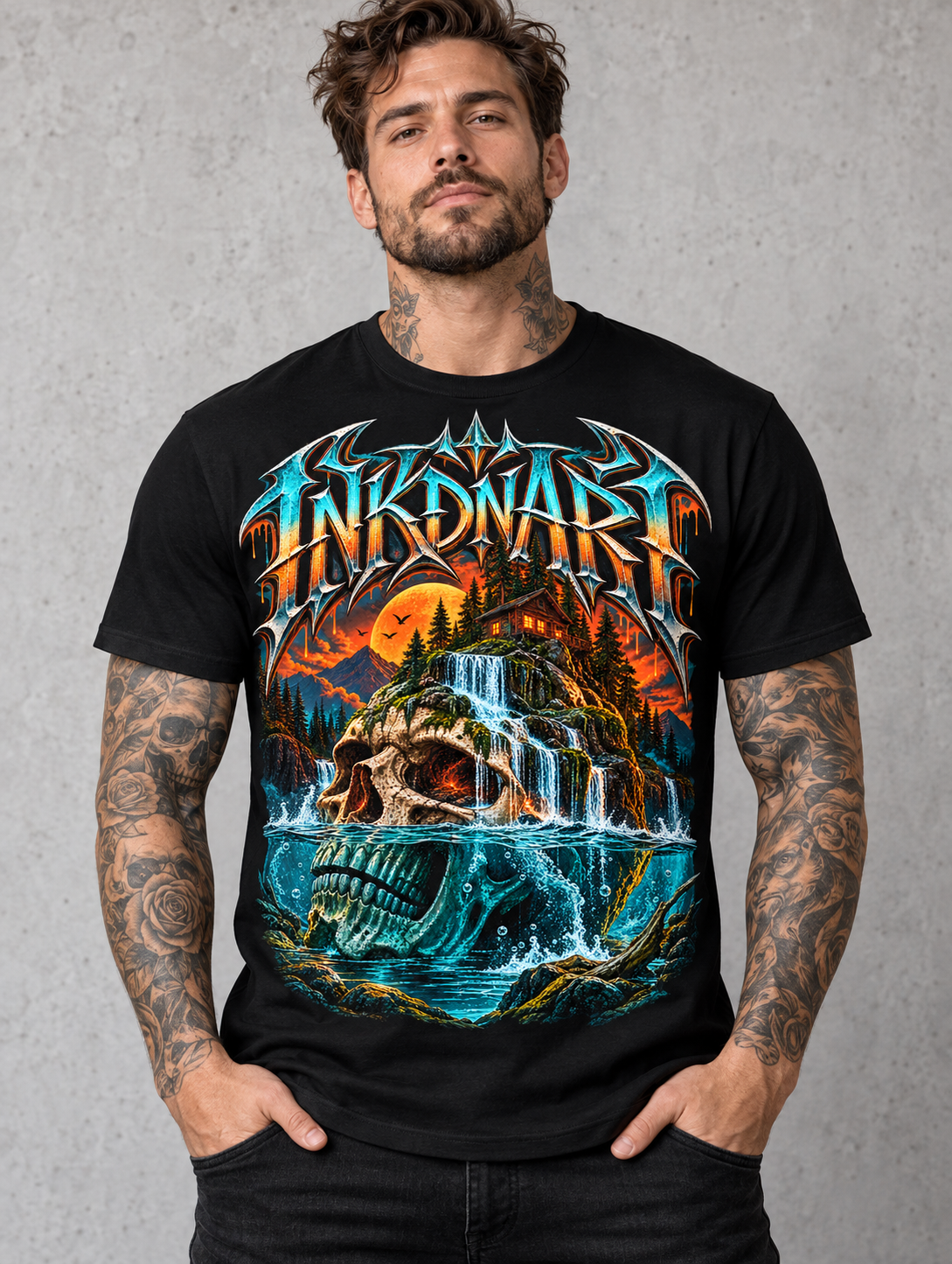 Waterfall Skull Shrine Tee – gothic waterfall skull shrine graphic tee, product mockup on black tee
