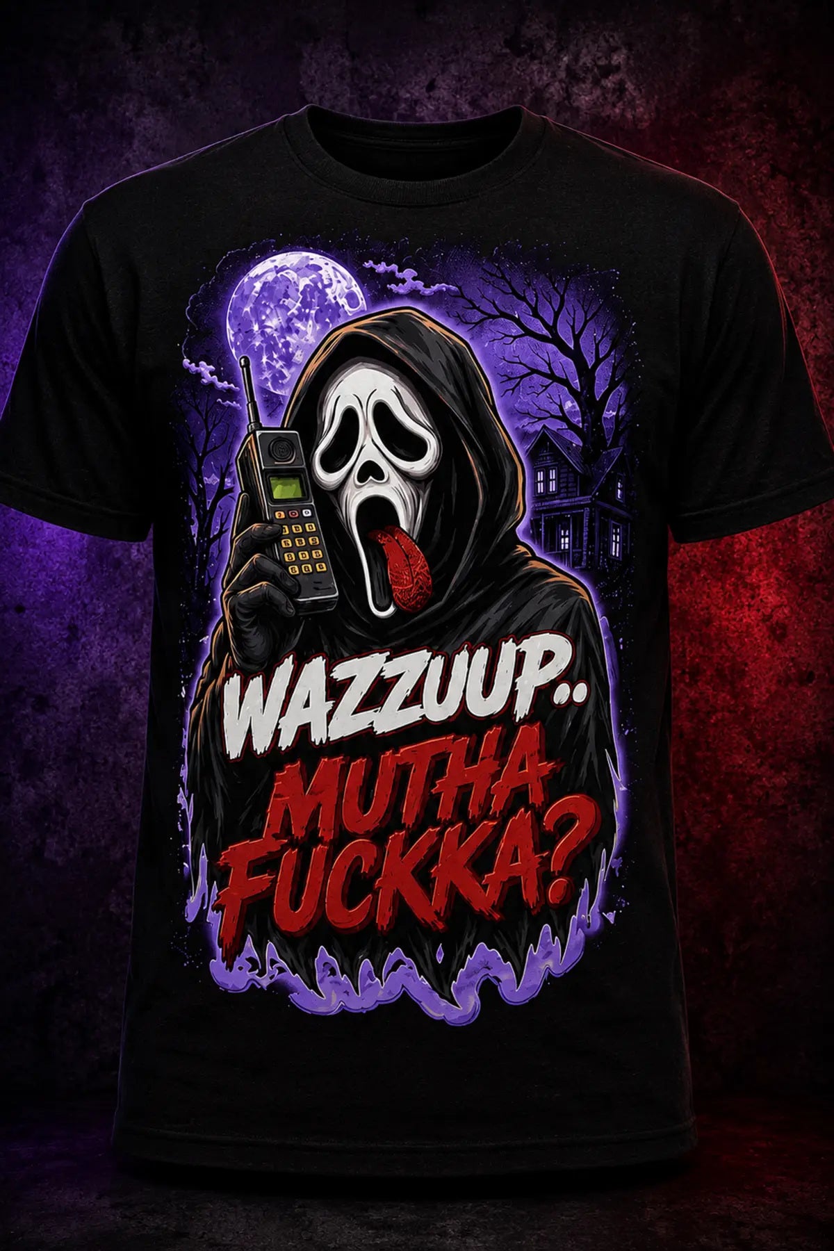 Wazzuup Ghost Tee – ghost-face horror graphic tee in purple, print close-up on black