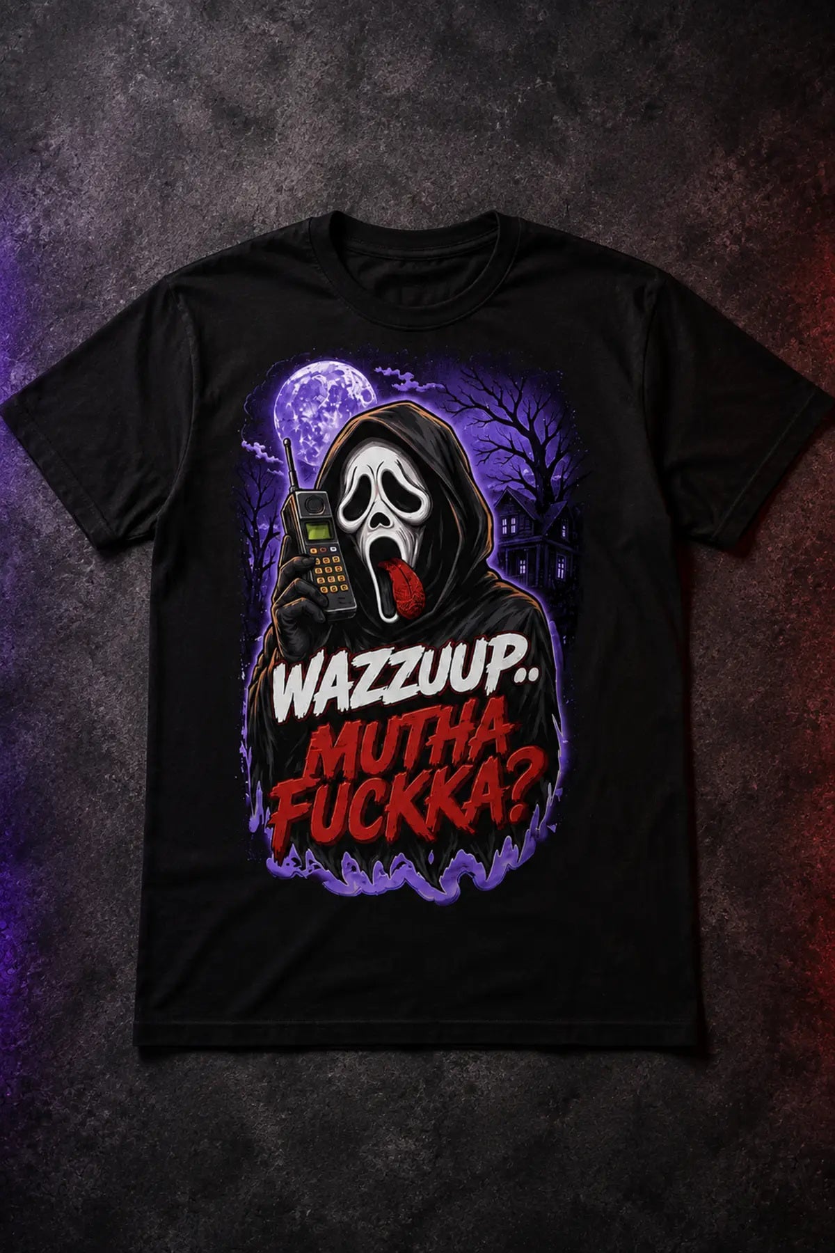 Wazzuup Ghost Tee – ghost-face horror graphic tee in purple, flat lay on dark background