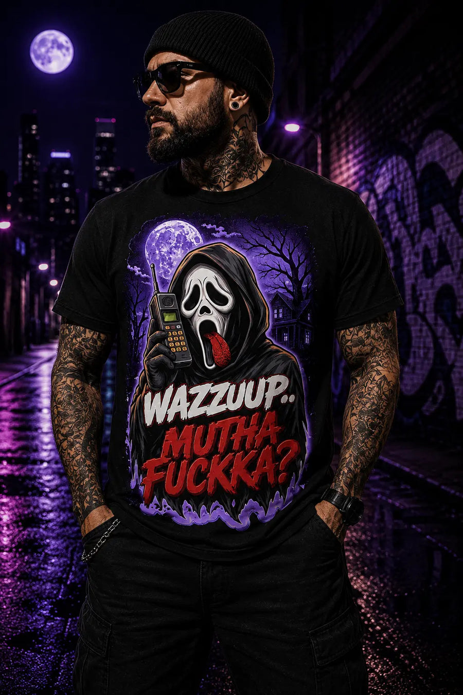 Wazzuup Ghost Tee – ghost-face horror graphic tee in purple, worn by model under a full moon at night