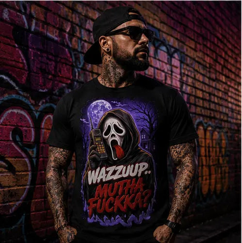 Wazzuup Ghost Tee – ghost-face horror graphic tee in purple, worn by model in a graffiti alley, wide view