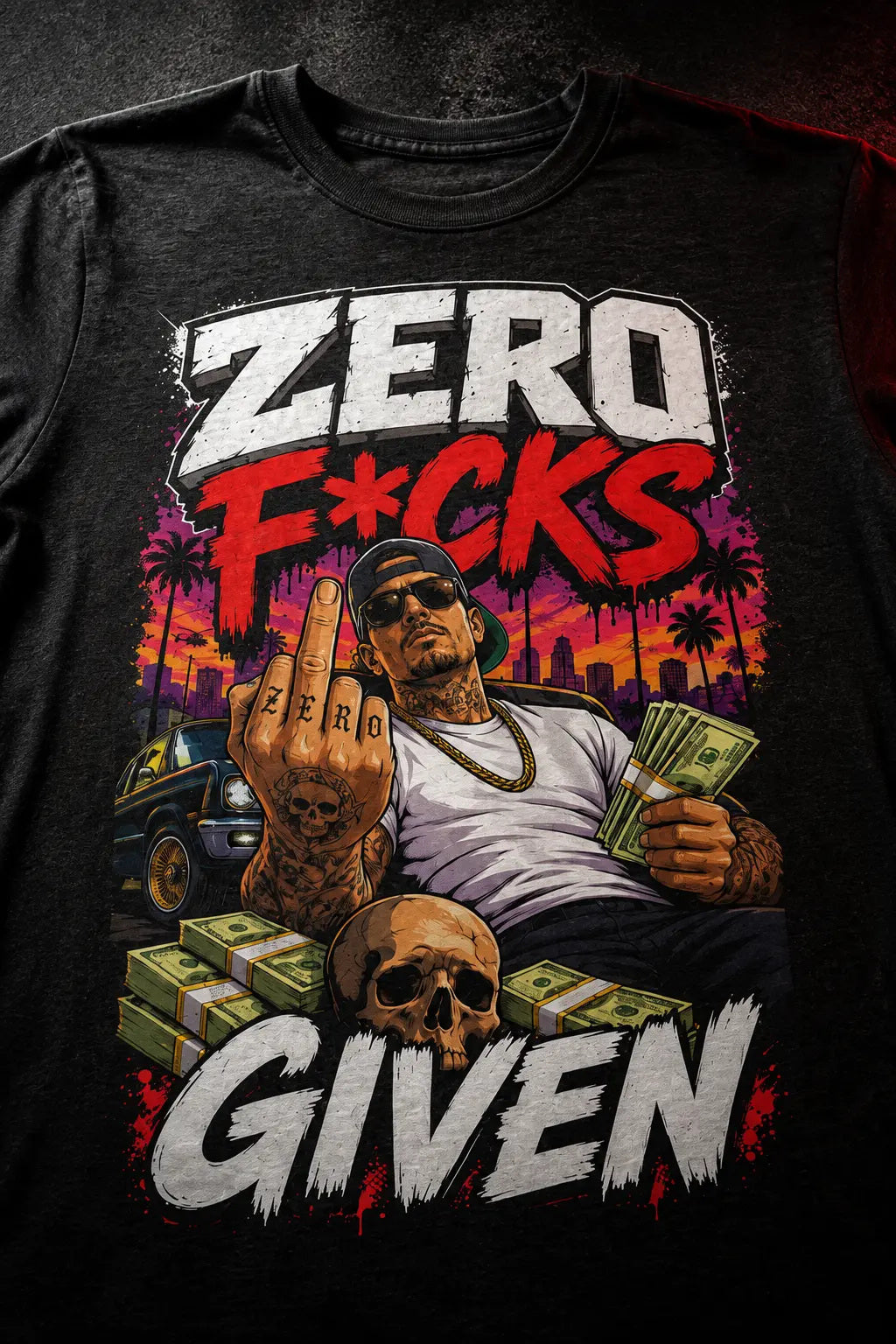 Zero Apologies Tee – street-scene statement graphic tee, print close-up on black