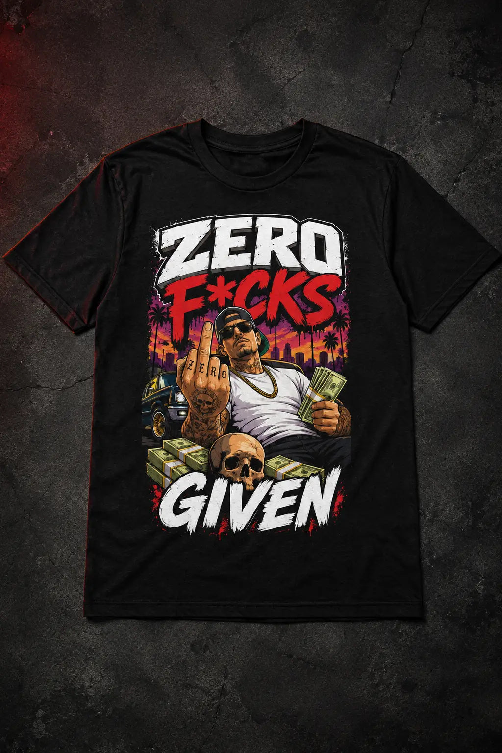 Zero Apologies Tee – street-scene statement graphic tee, flat lay on dark background
