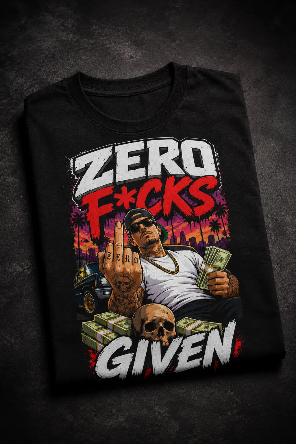 Zero Apologies Tee – street-scene statement graphic tee, folded tee on dark background