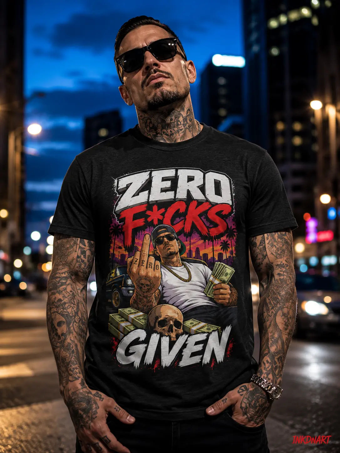 Zero Apologies Tee – street-scene statement graphic tee, worn by tattooed model on a neon city street at night
