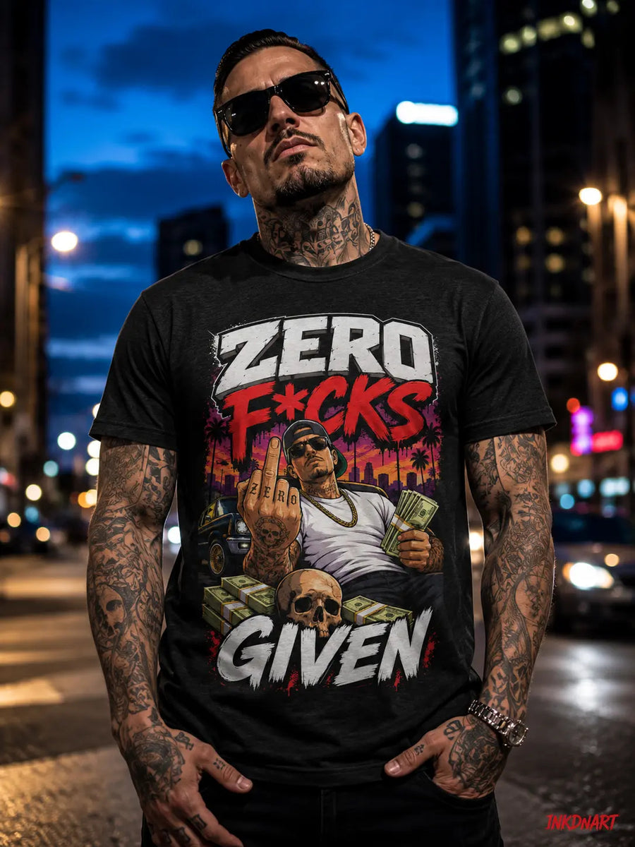 Zero Apologies Tee – street-scene statement graphic tee, worn by tattooed model on a neon city street at night