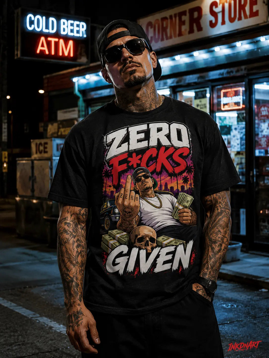 Zero Apologies Tee – street-scene statement graphic tee, worn by model outside a city storefront at night